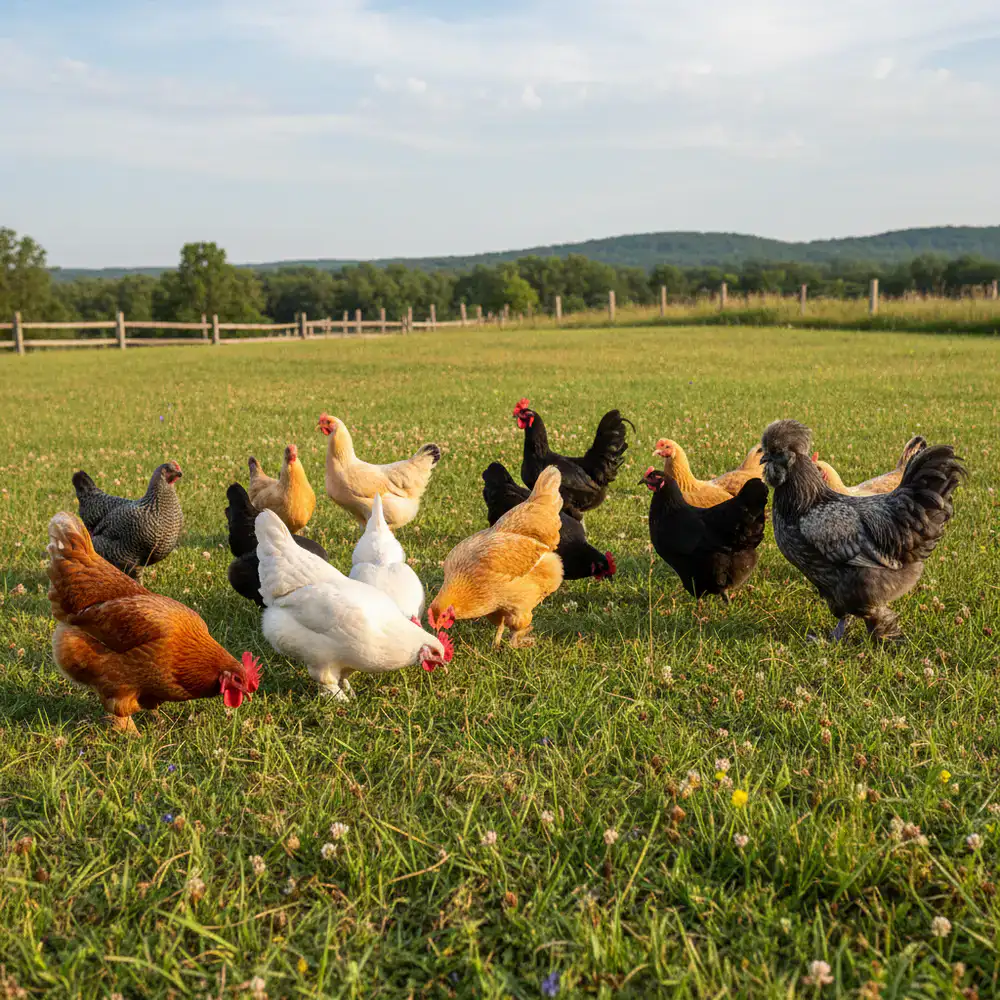 Varied chicken breeds interacting in a pasture