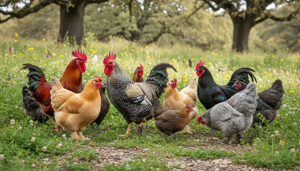 A colorful flock of rare heritage chicken breeds