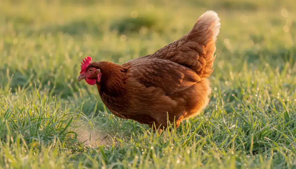 Brown laying hen foraging in grass