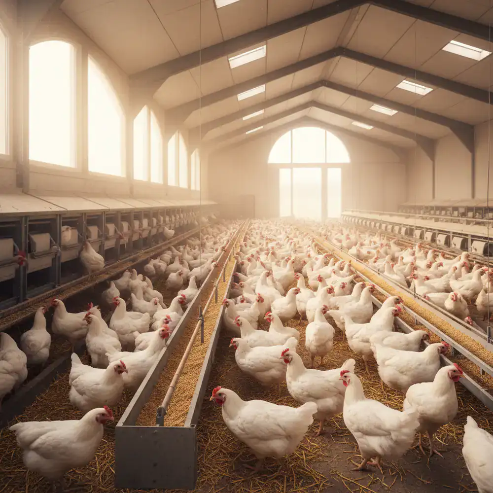 Flock of white laying hens in a barn