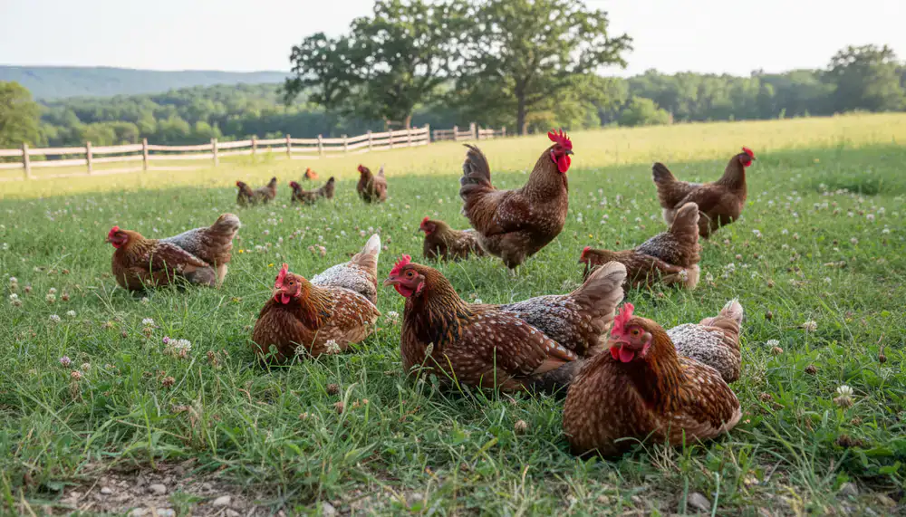 Speckled Sussex chickens resting in a pasture