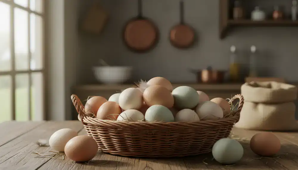 Freshly collected farm eggs in a basket