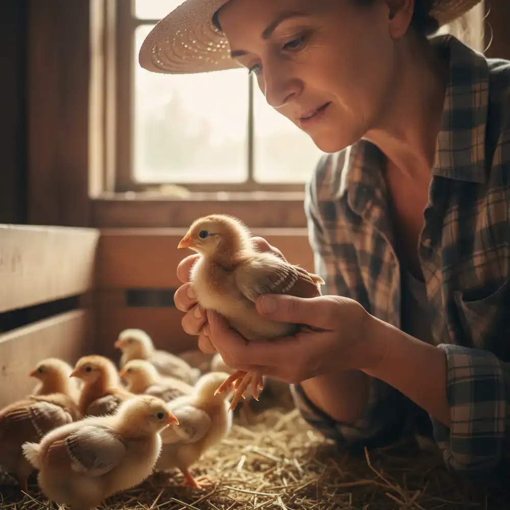 Farmer inspecting a young chicken breed