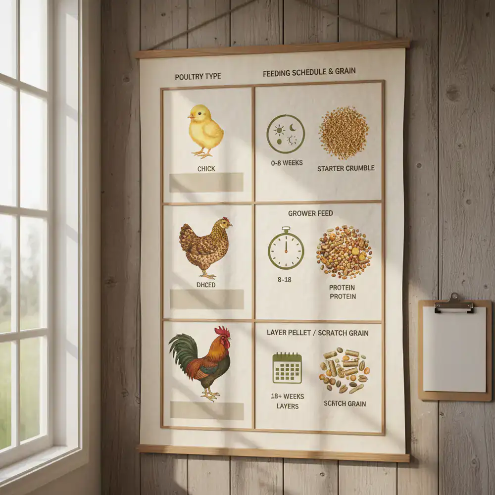 A detailed chart showing poultry feeding schedules and grain types